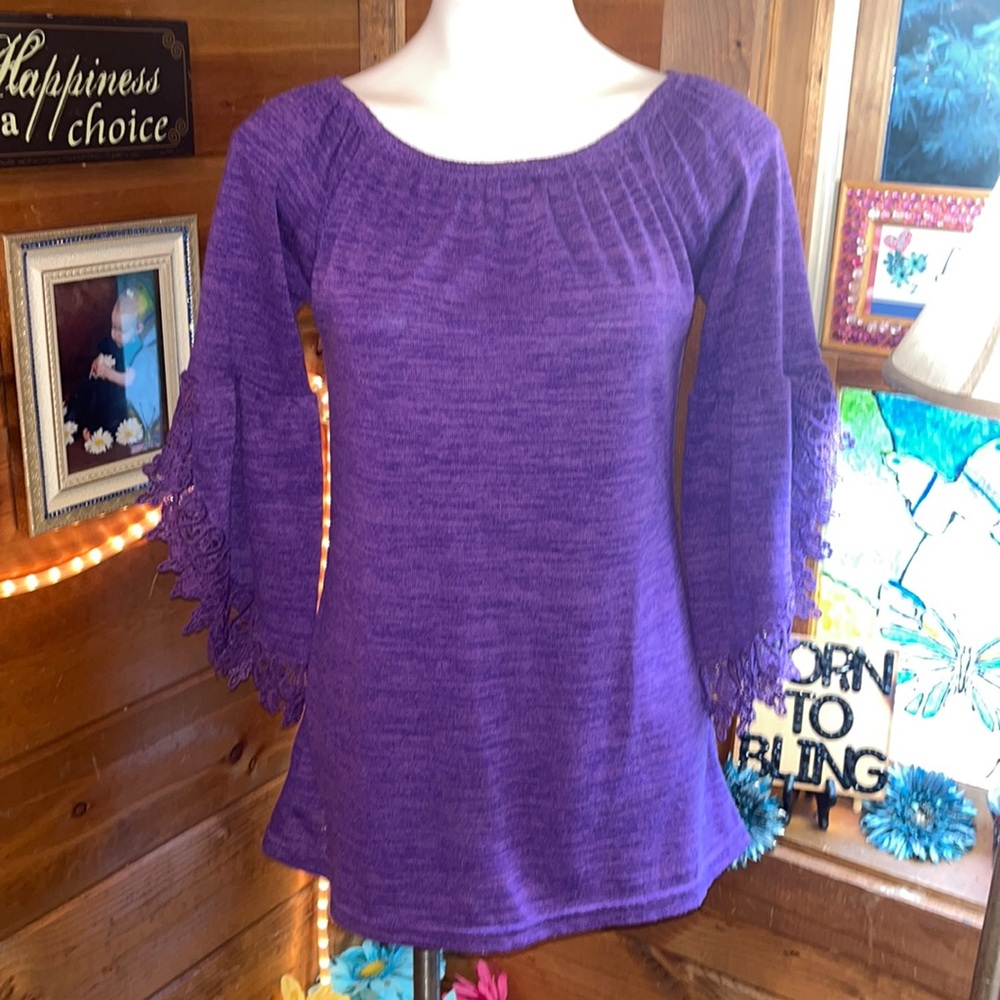 Purple Tunic OPEN SLEEVE LACE round neck can also be worn off the shoulders NWT